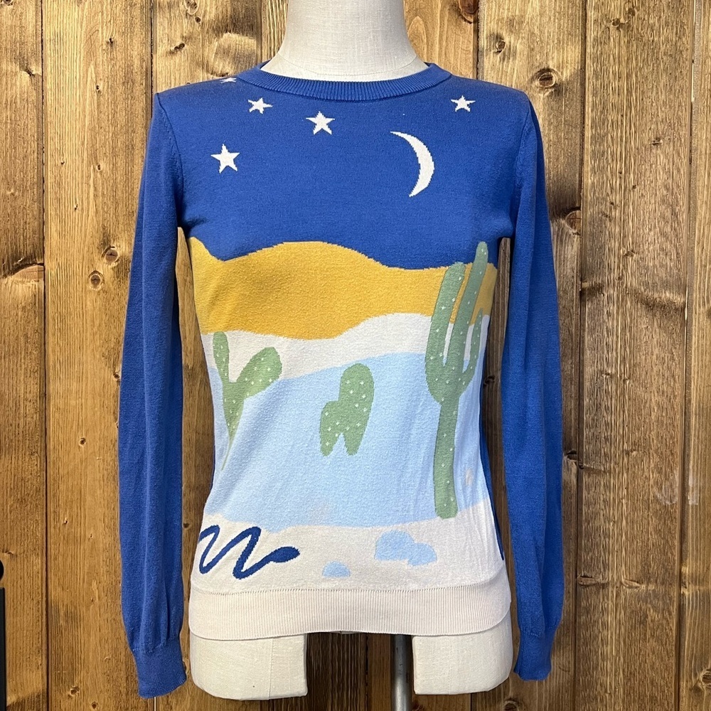 ModCloth Small Blue Starry Skies Desert Crewneck Sweater - Picture 2 of 7